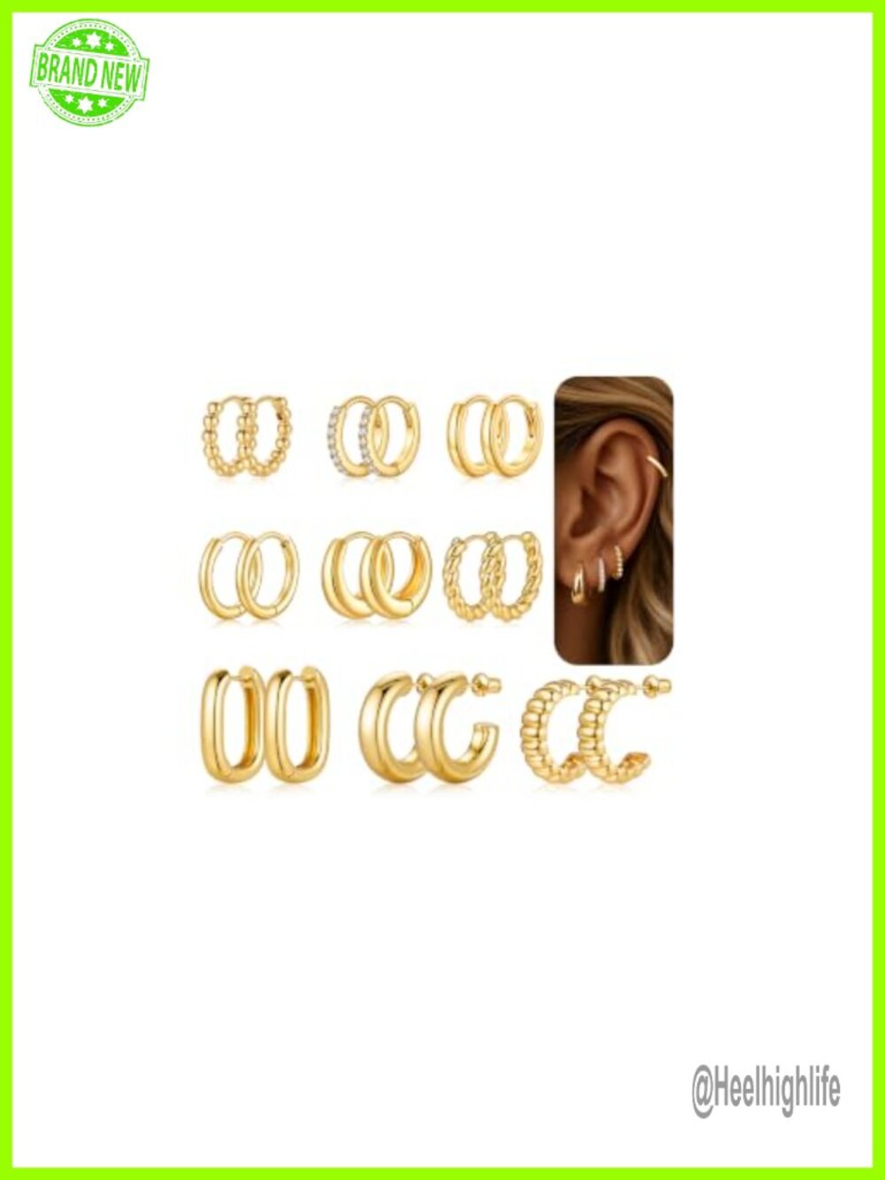 9 Pairs 14K Gold Plated Hoop Earrings Hypoallergenic
